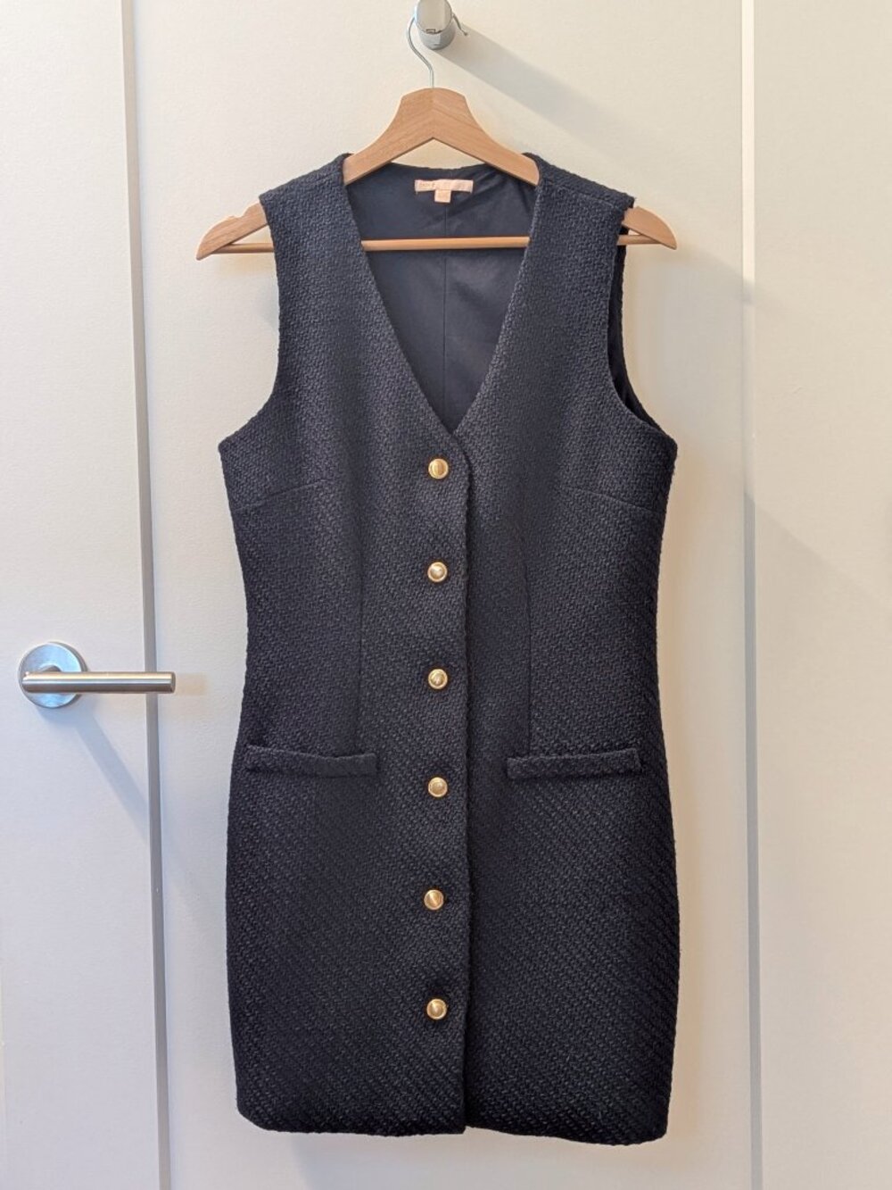 Tailored Vest Shift Button-Front Mini Dress - Navy Textured Fabric